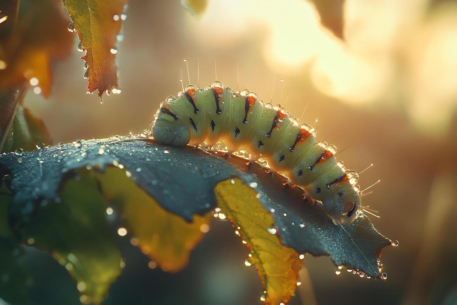 A caterpillar crawls on a dewy leaf in warm sunlight. photo