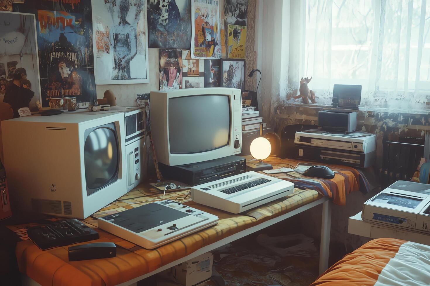 A hyperrealistic scene of a 90s bedroom with posters, old computers, and retro gadgets, perfectly capturing the era photo