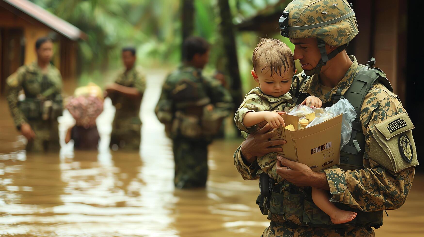 A soldier carrying a young child through floodwaters, while other soldiers hand out food and water to villagers standing in the background photo