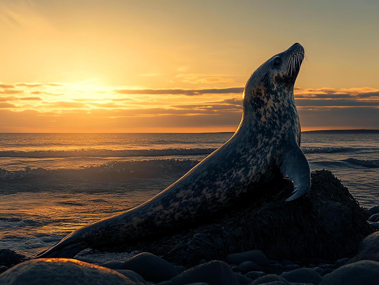 A Scottish Selkie, transforming from seal to human on a rocky shoreline at sunset photo