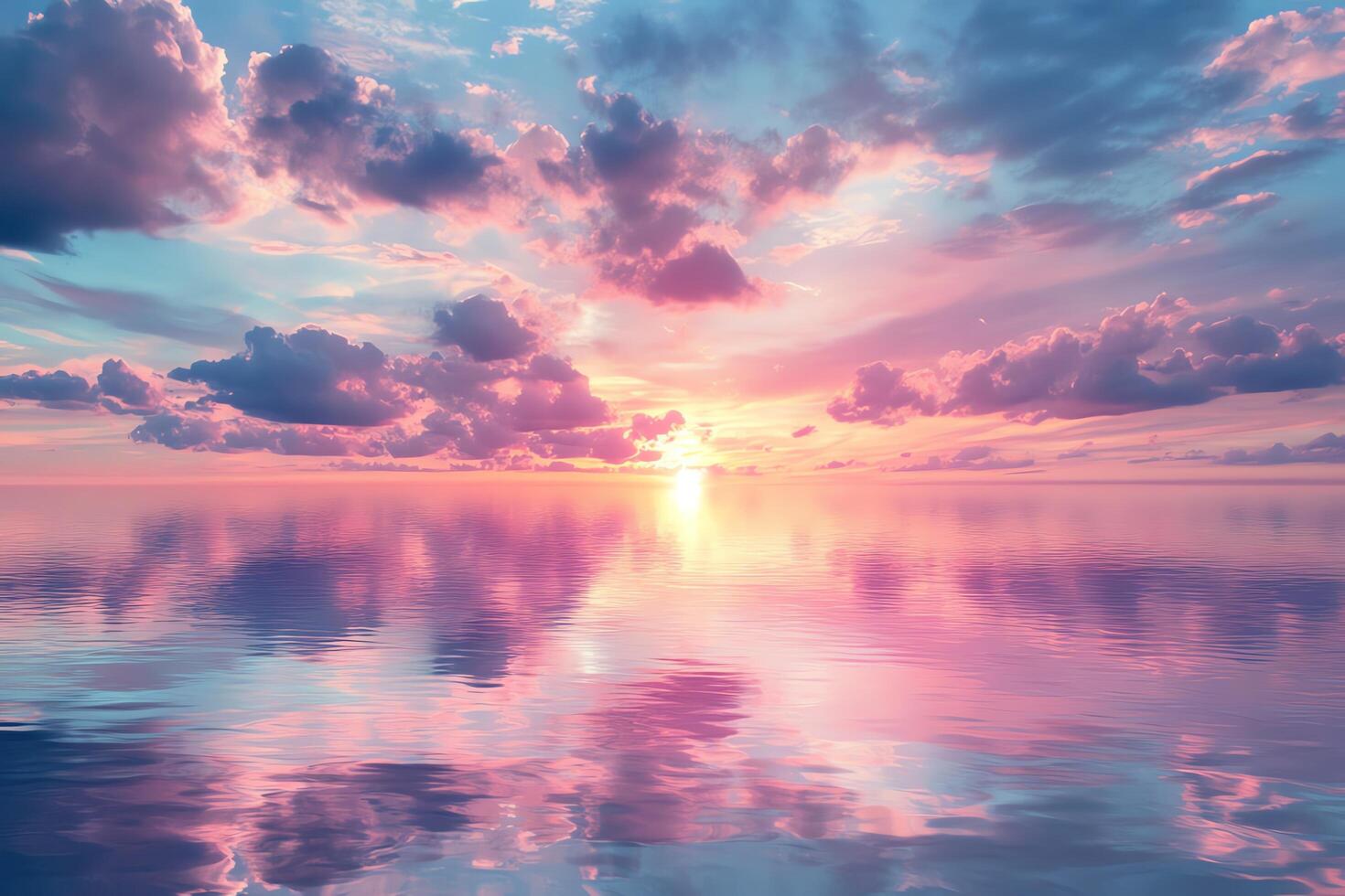 A peaceful sunset reflected on calm waters, with soft clouds and a serene color palette of pinks and purples photo