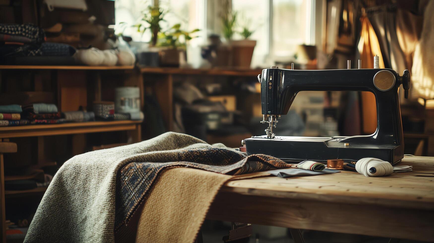 A cozy corner with a sewing machine, fabric swatches, and a halffinished garment, capturing the essence of a sewing hobby photo