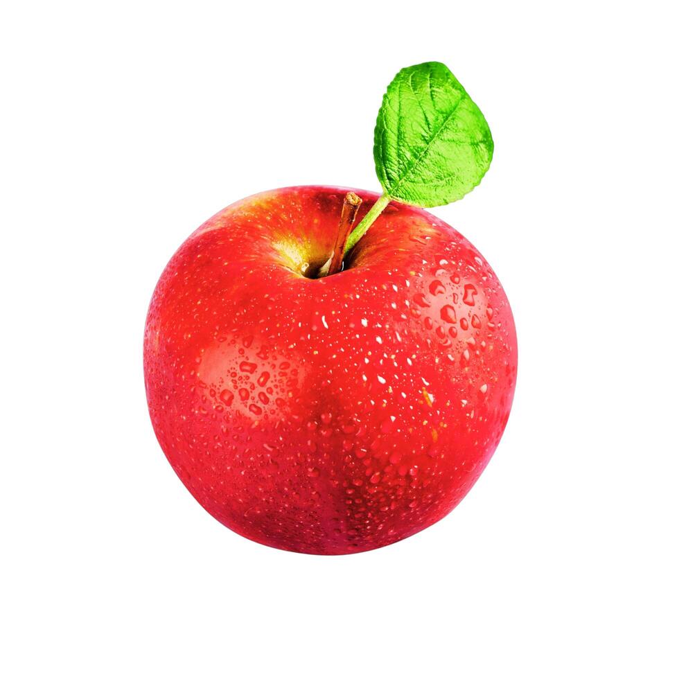 Fresh red apple with green leaf photo