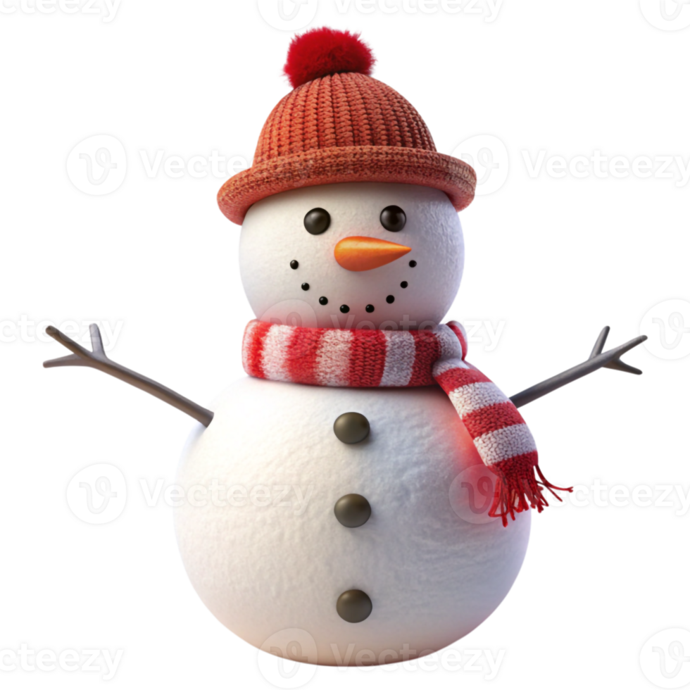 Snowman with red hat and red scarf isolated on transparent background png
