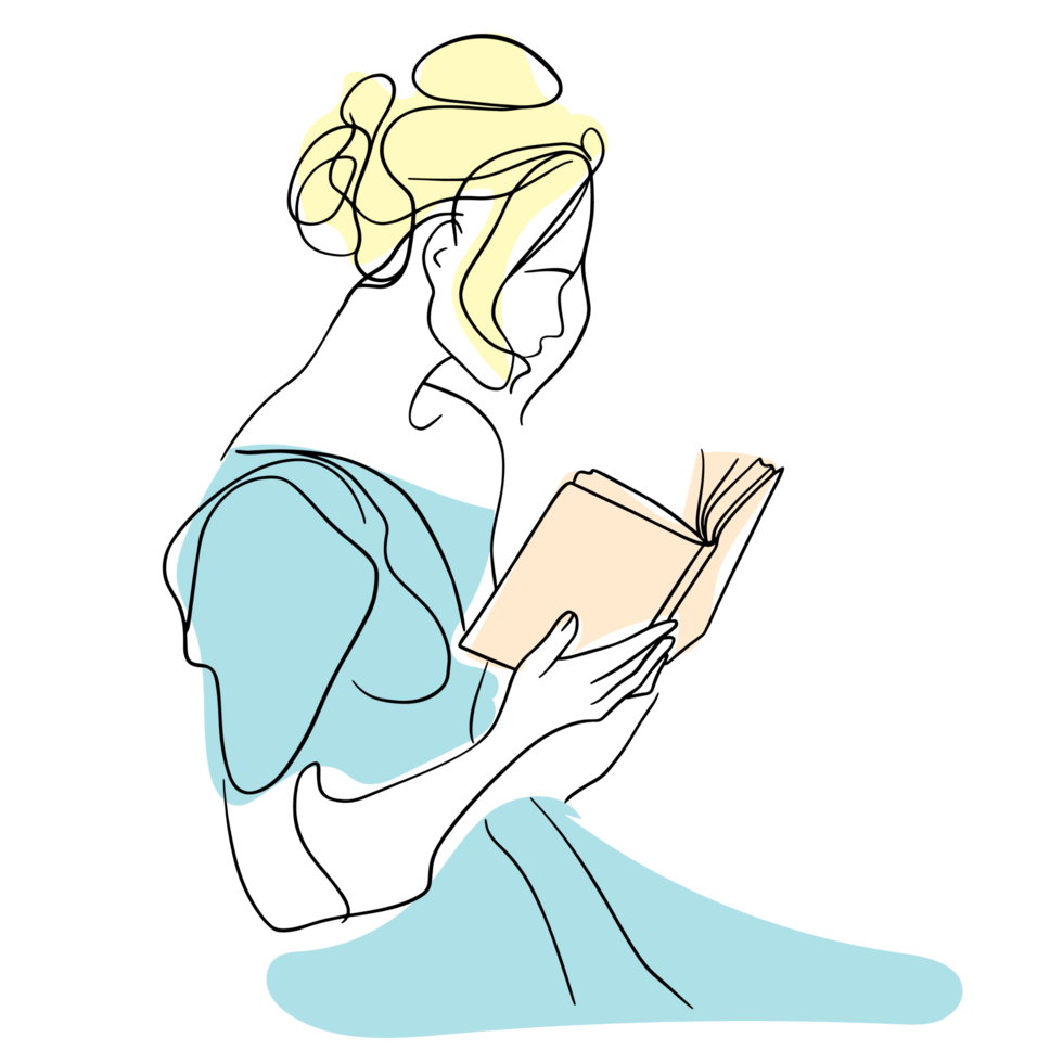 Stylish and Contemporary Pastel Line Art of a Girl with a Book png