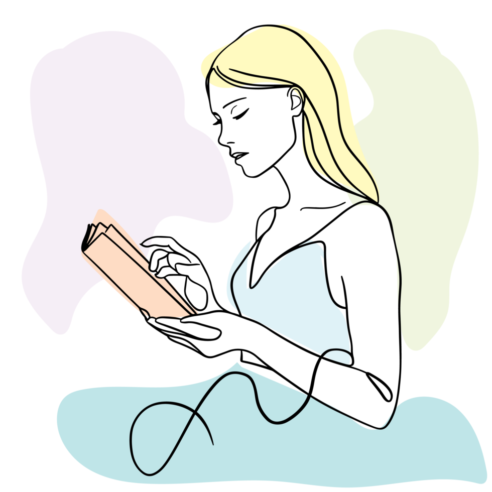 Artistic Line Drawing of a Girl Reading a Book in Gentle Pastel Tones png