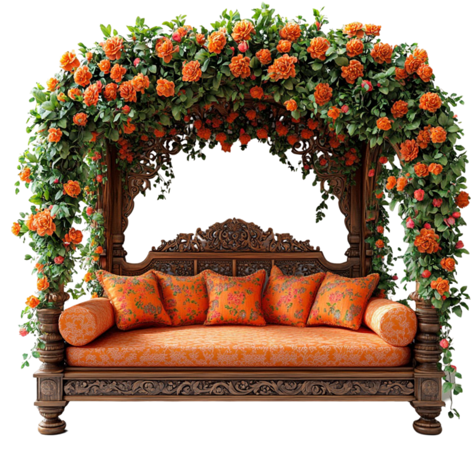 an orange couch with flowers on top transparent background png