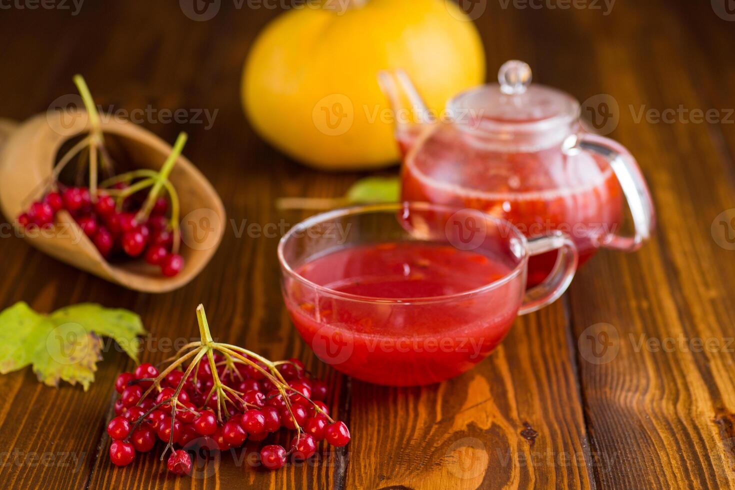 tea from ripe red viburnum on a wooden table photo