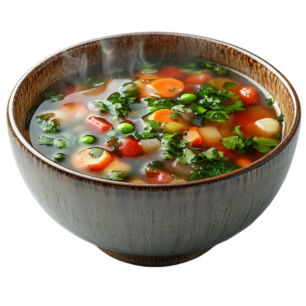 a bowl of soup with vegetables and herbs on a transparent background png