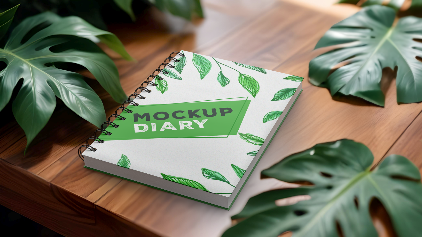 mockup of white diary on table with green leaves psd