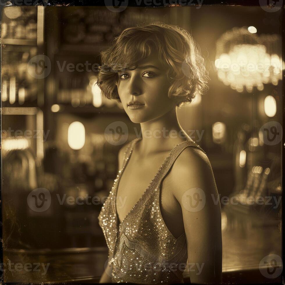 A woman in a vintage flapper dress poses confidently in a dimly lit speakeasy, showcasing intricate beading and an elegant style photo