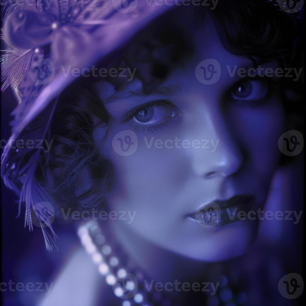 Softly lit portrait captures a woman in 1920s fashion, complete with cloche hat and pearls, set against a moody jazz club backdrop photo