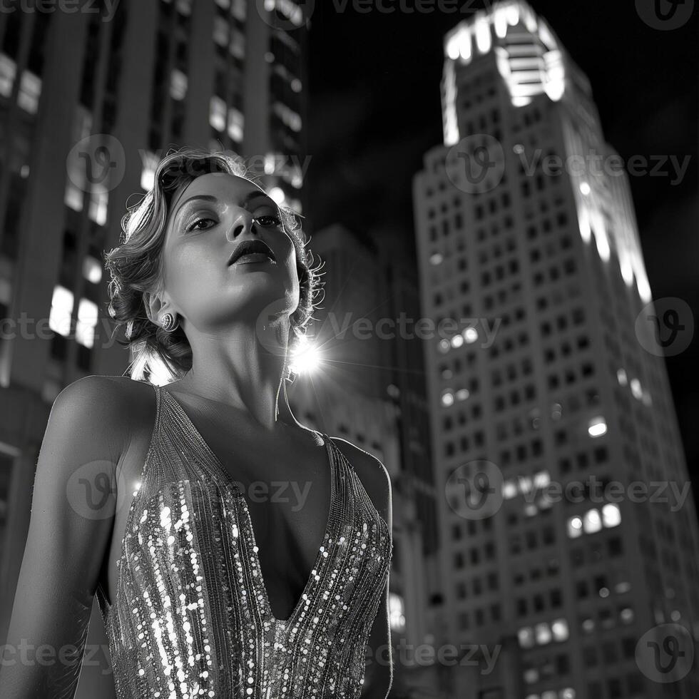A confident woman in a sequined gown stands before an art deco building, city lights reflecting on her attire, embodying vintage glamour photo
