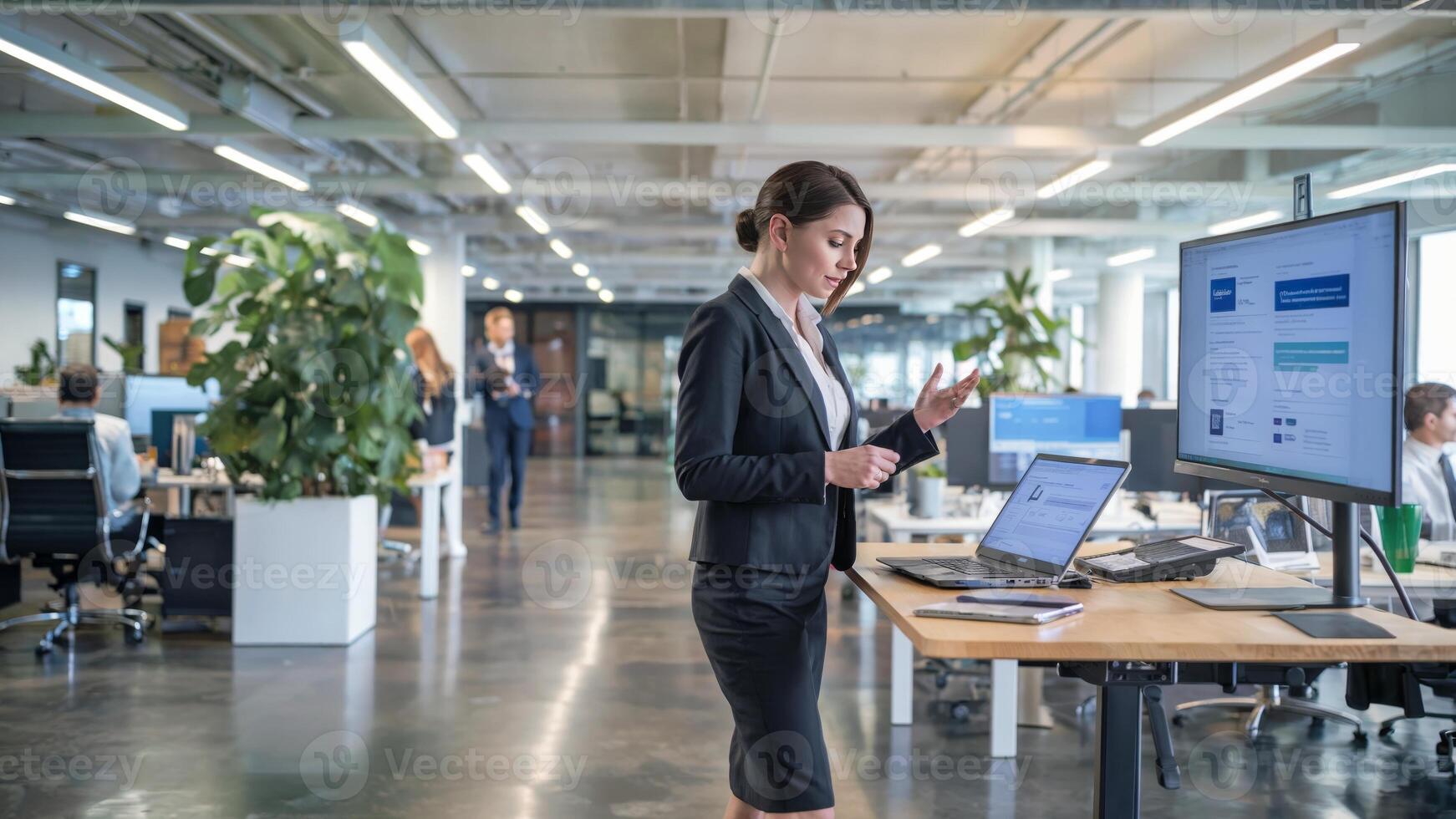 Businesswoman at Ergonomic Standing Desk in Modern Office. Promoting Well-being, Productivity, and Healthy Workspace. Workplace Wellness and Productivity Concept. photo