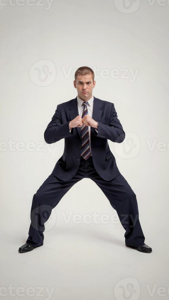 Businessman in suit assumes a martial arts stance with fists ready, blending corporate professionalism with action. Competition and strategy concept photo