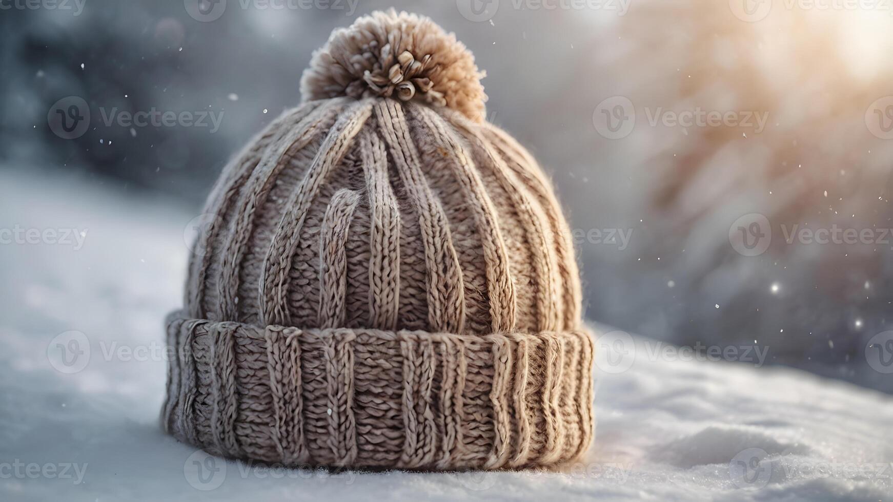 Warm Knitted Winter Hat on Snowy Background with Soft Sunlight photo