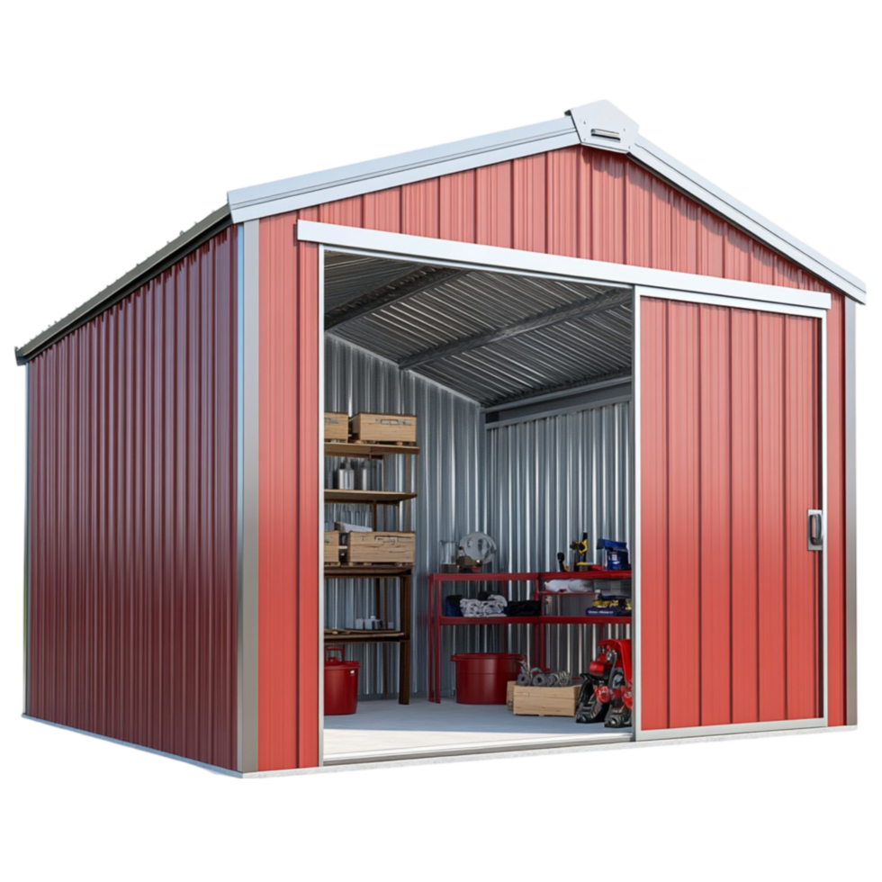 a red metal shed with a door open Transparent Background. png