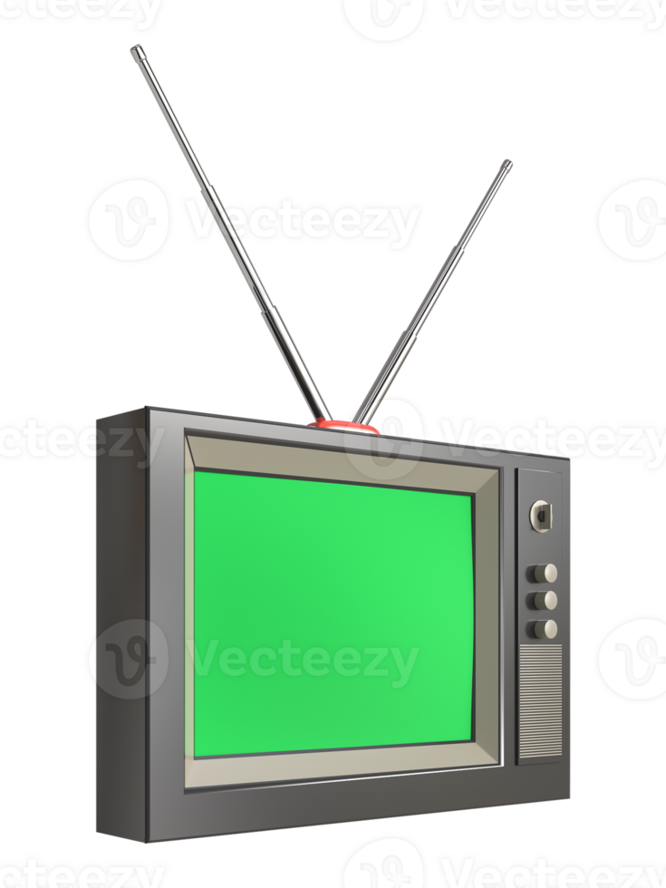 Retro vintage 3D old Television rendering and green screen on monitor on transparent background png