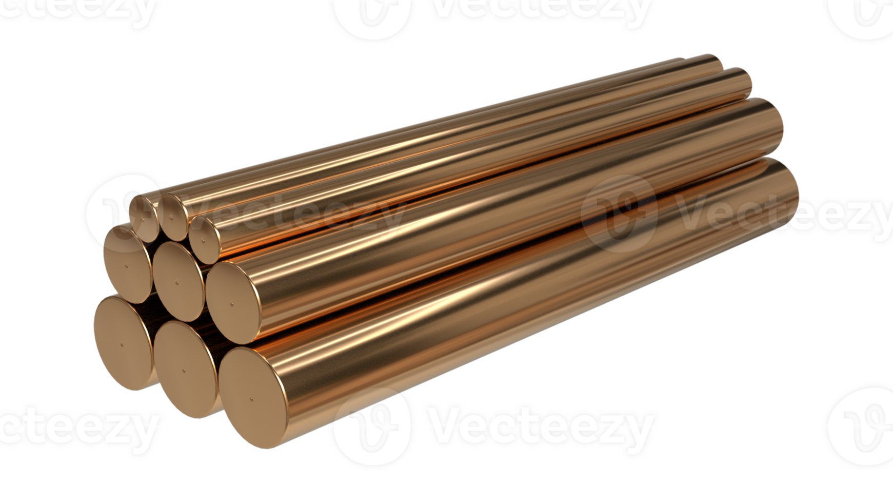 Set of 3D Copper or brass round bar rod rendering on transparent background png