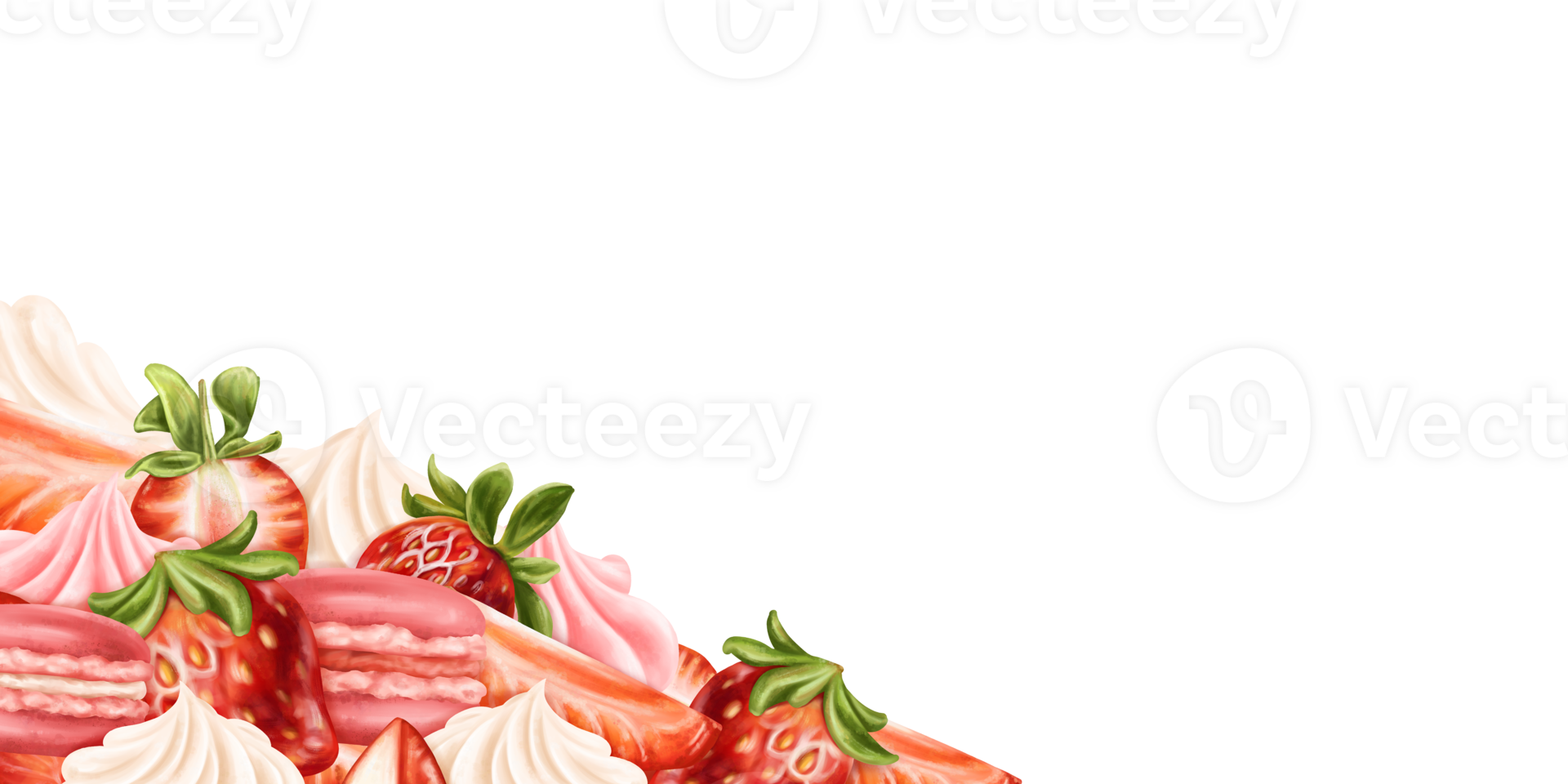 A border of whipped cream, strawberry slices and macaroons. Berry pink decor for birthday parties, wedding. Topping for cakes, cupcakes, ice cream. Confectionery sweets. Isolated illustration, frame png