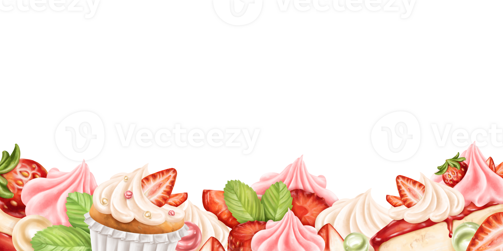 A border of cupcake, cheesecake, strawberry slices and macaroons. Berry pink decor for birthday parties, wedding. Cakes, cupcakes, desserts, pies. Confectionery sweets. Isolated illustration, frame png