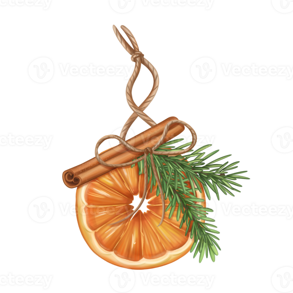 Dried orange, cinnamon, fir tree eco-friendly Christmas tree toys. Hand drawn winter handmade decorations from recyclable material. Sustainable xmas tree. Xmas greeting design. Isolated illustration png