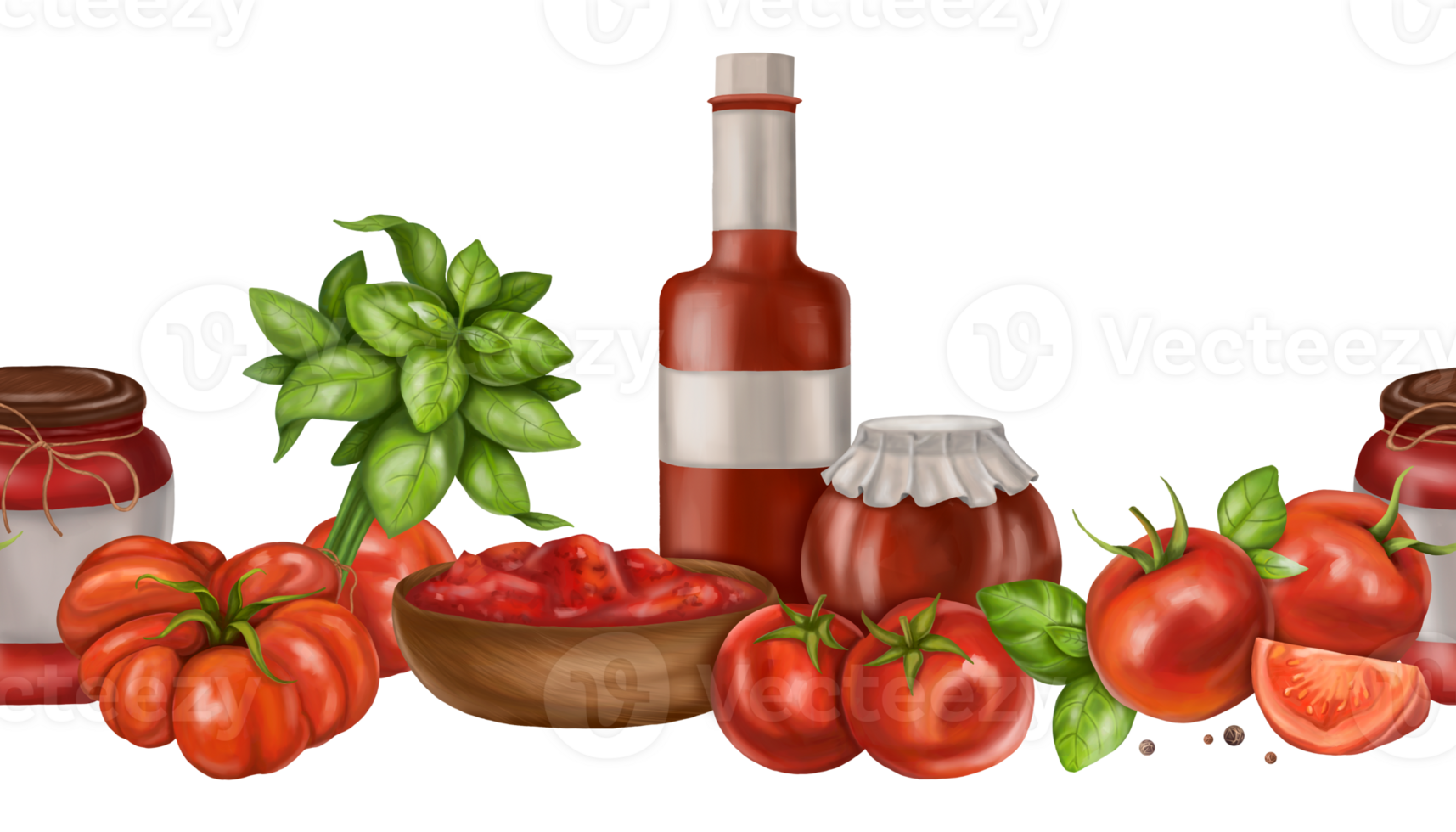 Red ripe tomatoes, fresh basil. Seamless horizontal border for long patterns design. Healthy food, sustainable gardening, eco lifestyle. Vegetable farm sauces, fruits, greens. Isolated illustration png