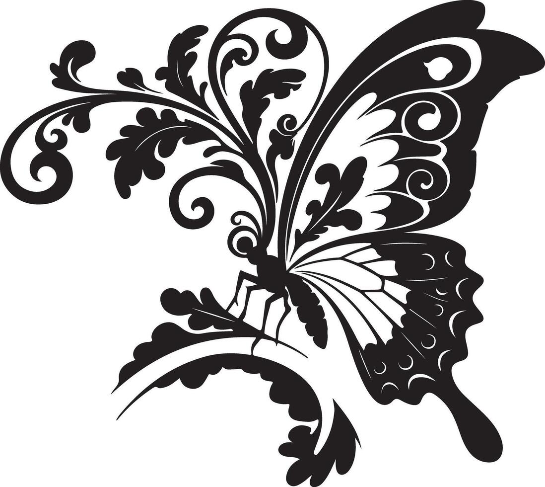 Elegant ornamental butterfly with flowers, vines, and decorative elements vector