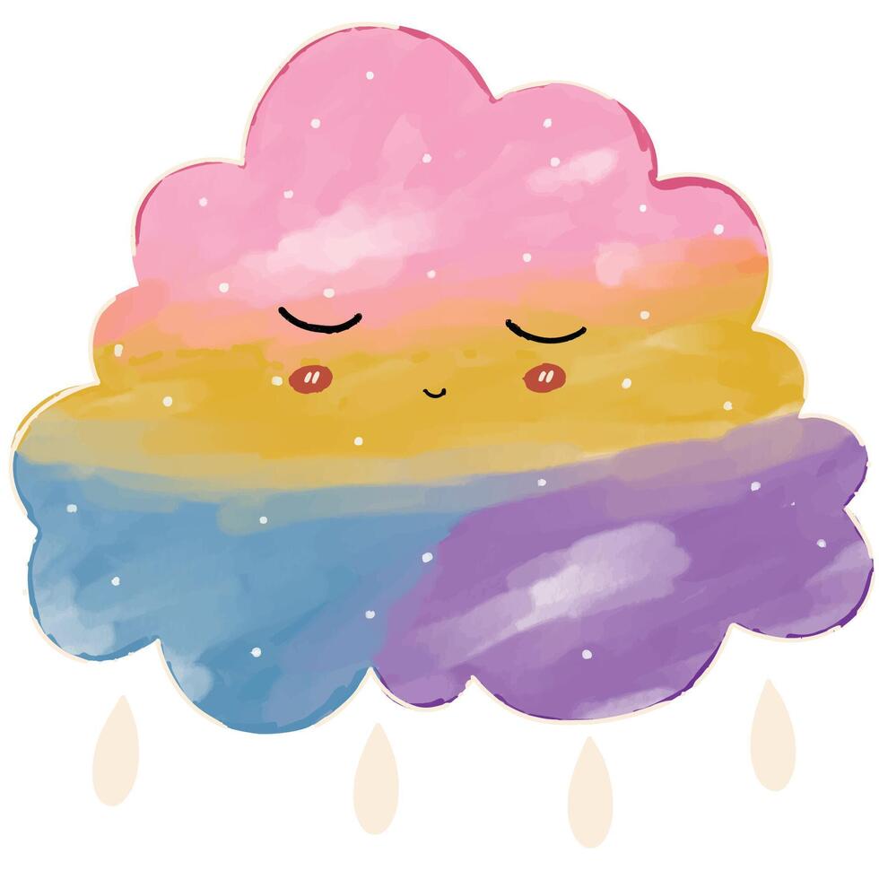Cute cartoon cloud with a colorful, gradient design with a sweet, sleepy expression and is gently raining. Perfect for children's products, or any project that needs a touch of whimsy vector