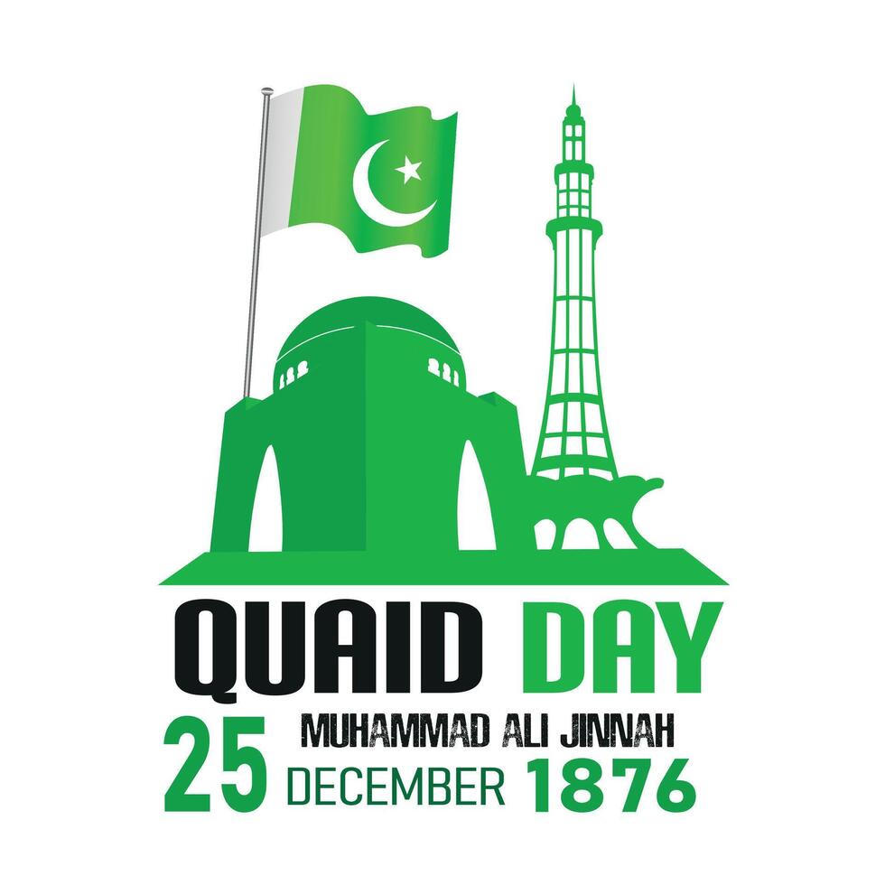 quaid day 25th dec muhammad ali jinnah, mazar e quaid, minar e pakistan, pakistan flag illustration design vector