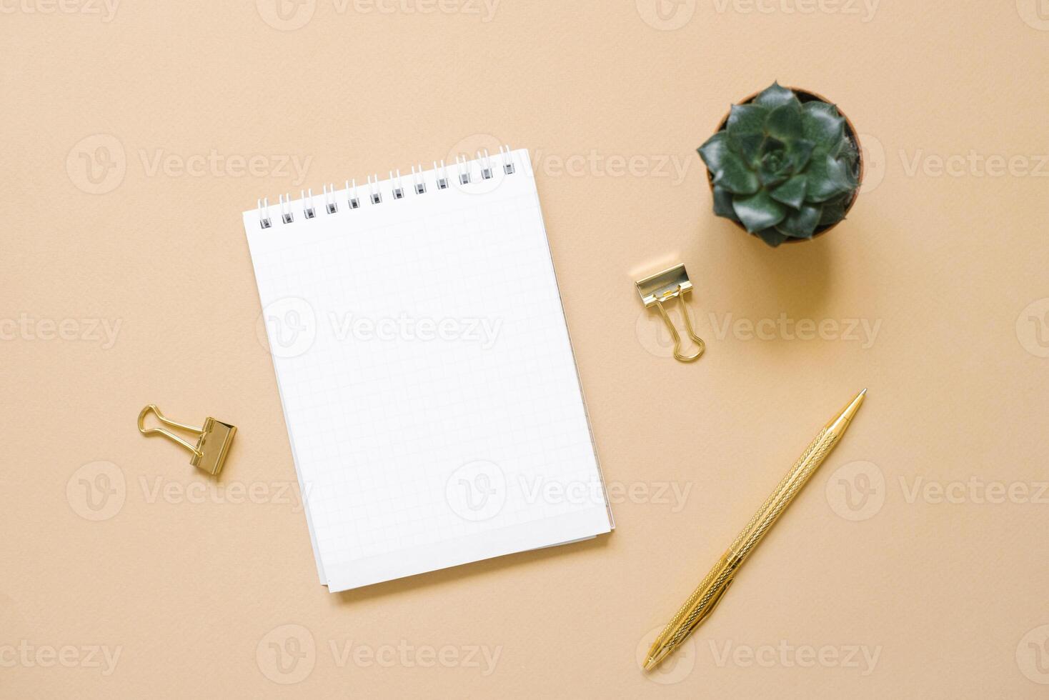 Open Notepad with a blank sheet of paper, ballpoint pen, succulent and paper clips on a beige background. Workplace of a freelancer or office worker photo