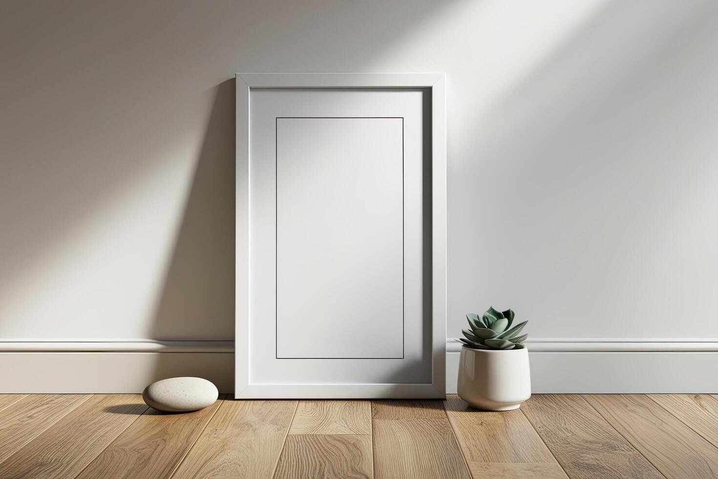 A minimalist vertical white frame mockup displayed on a wooden floor with natural wood texture photo