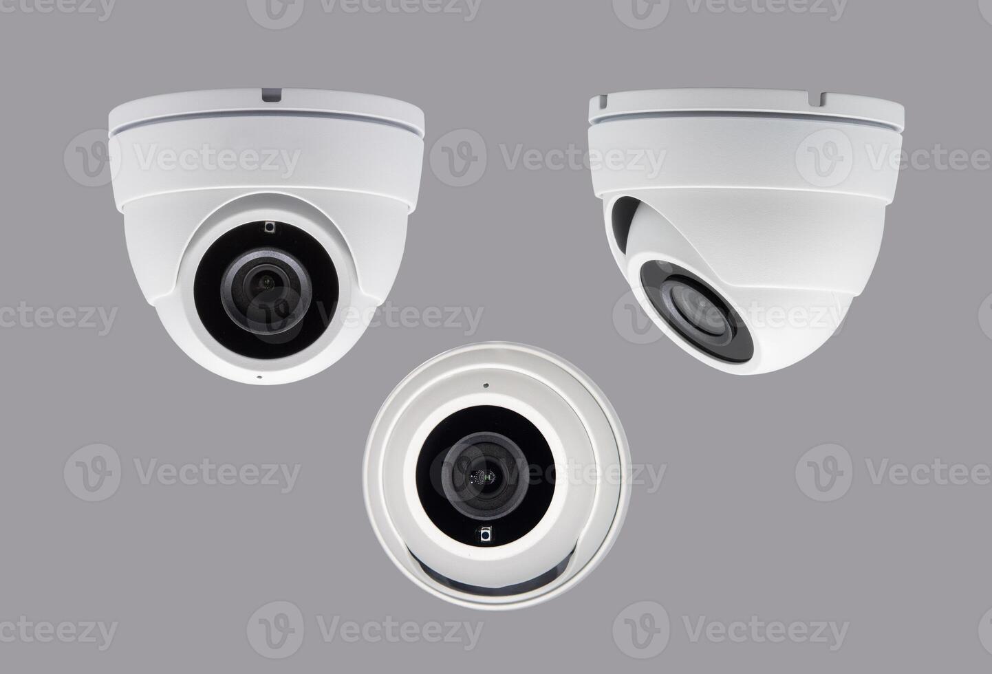 dome CCTV security camera isolated on gray background in different projections photo