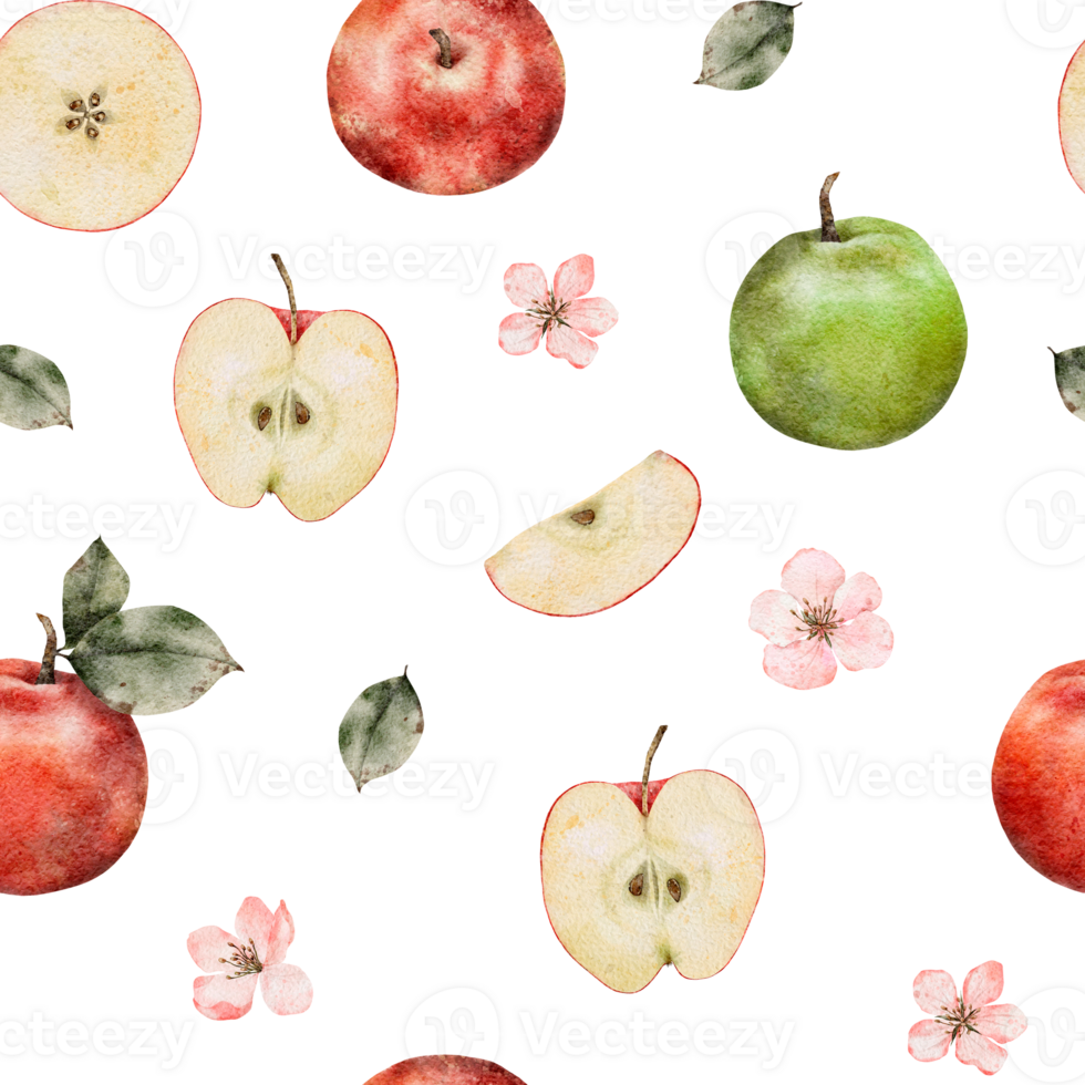 Seamless pattern of fresh red apples with leaves and flowers. Food texture. Repeating red, juicy apples whole. Watercolor Illustration fruit for juice pack, tablecloth, cover, apron, apple picking or png