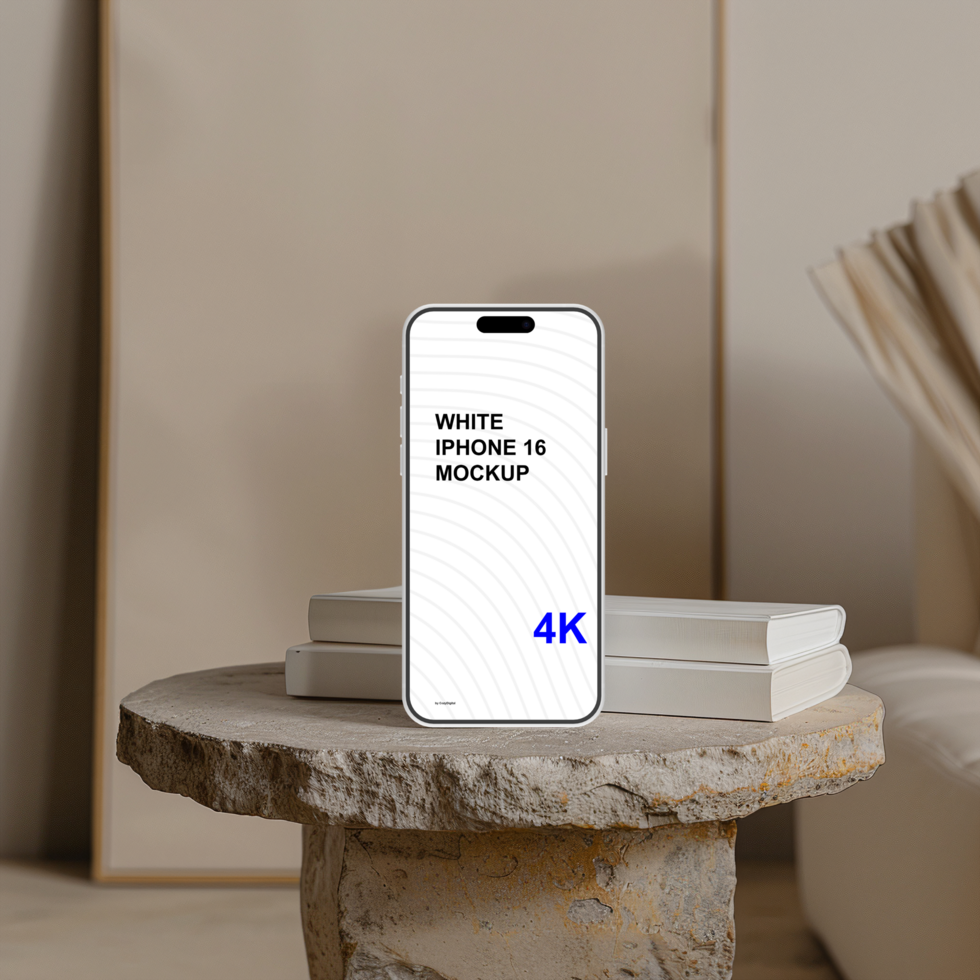White smartphone mockup on marble table with books psd