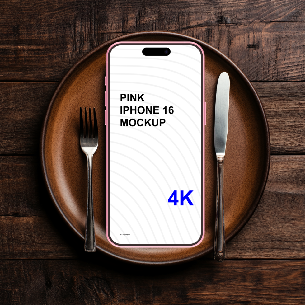 Pink smartphone mockup on the plate with fork and knife psd