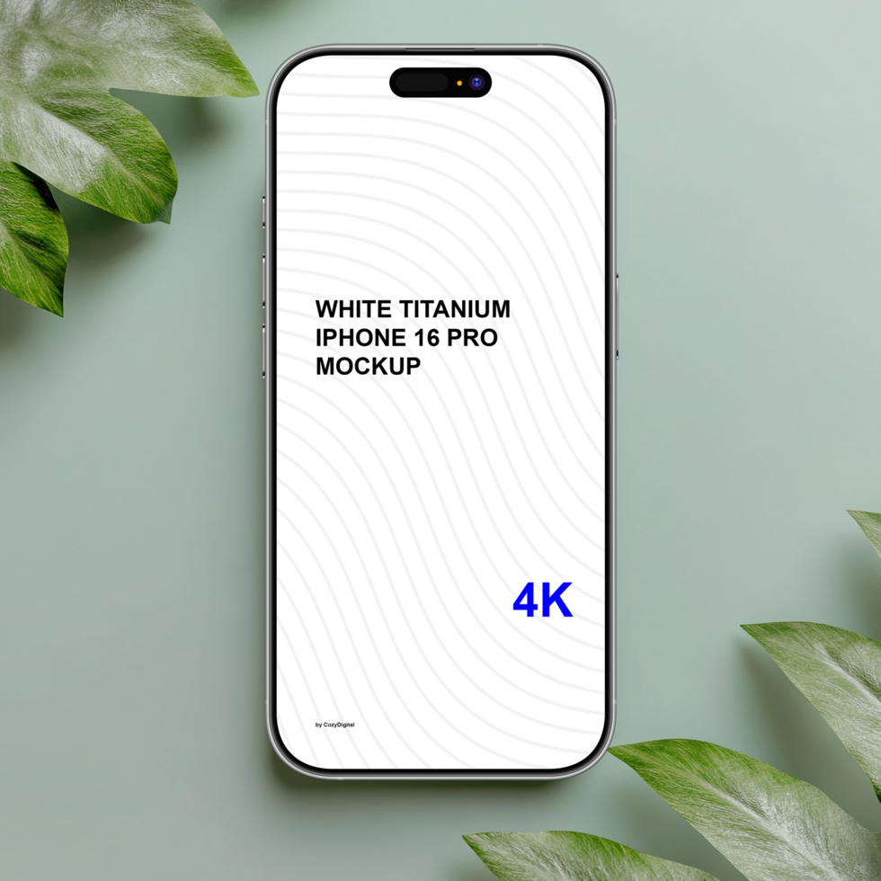 White titanium smartphone mockup on green background with leaves psd