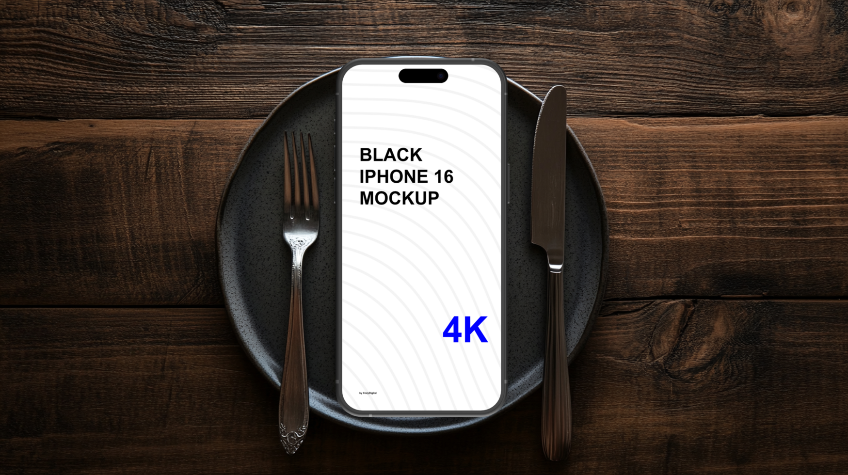 Black smartphone mockup on plate with fork and knife on wooden table psd
