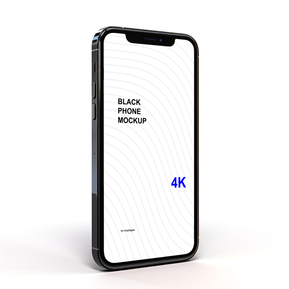 Black smartphone mockup on white background with shadow in isometric psd