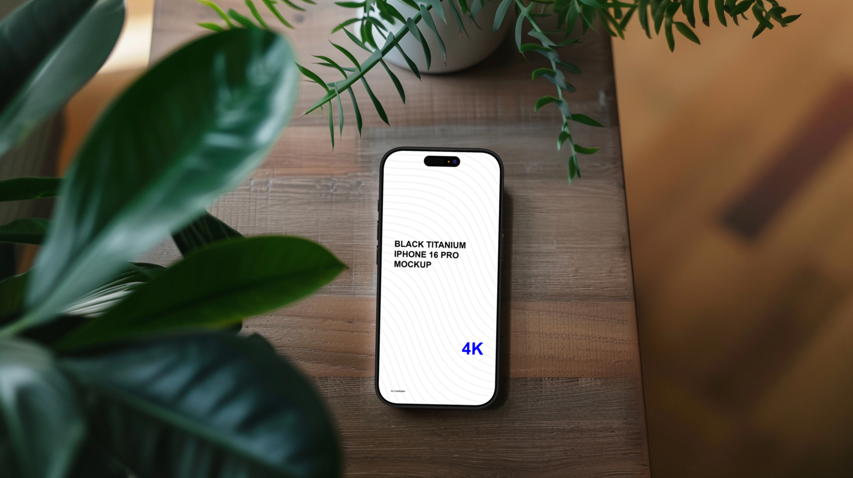 Black titanium smartphone mockup on wooden background with leaves around psd