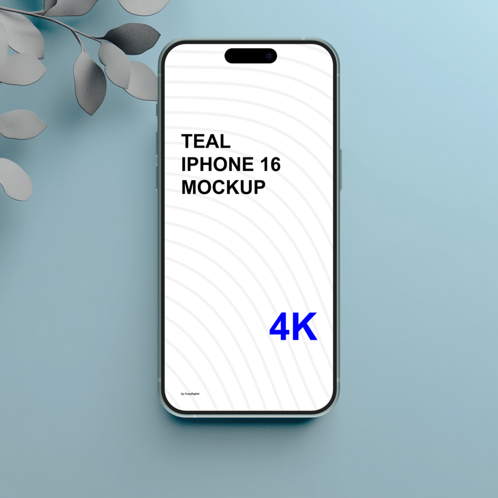 Teal smartphone mockup on blue background with plant leaves psd