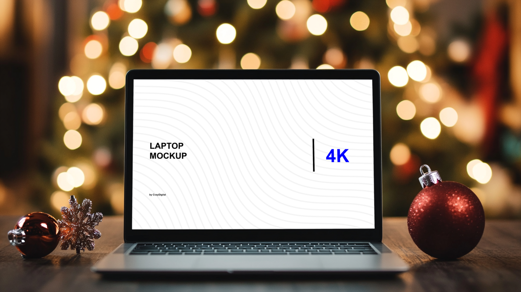 Mockup of silver laptop on the table. Front screen view. Christmas tree on background psd