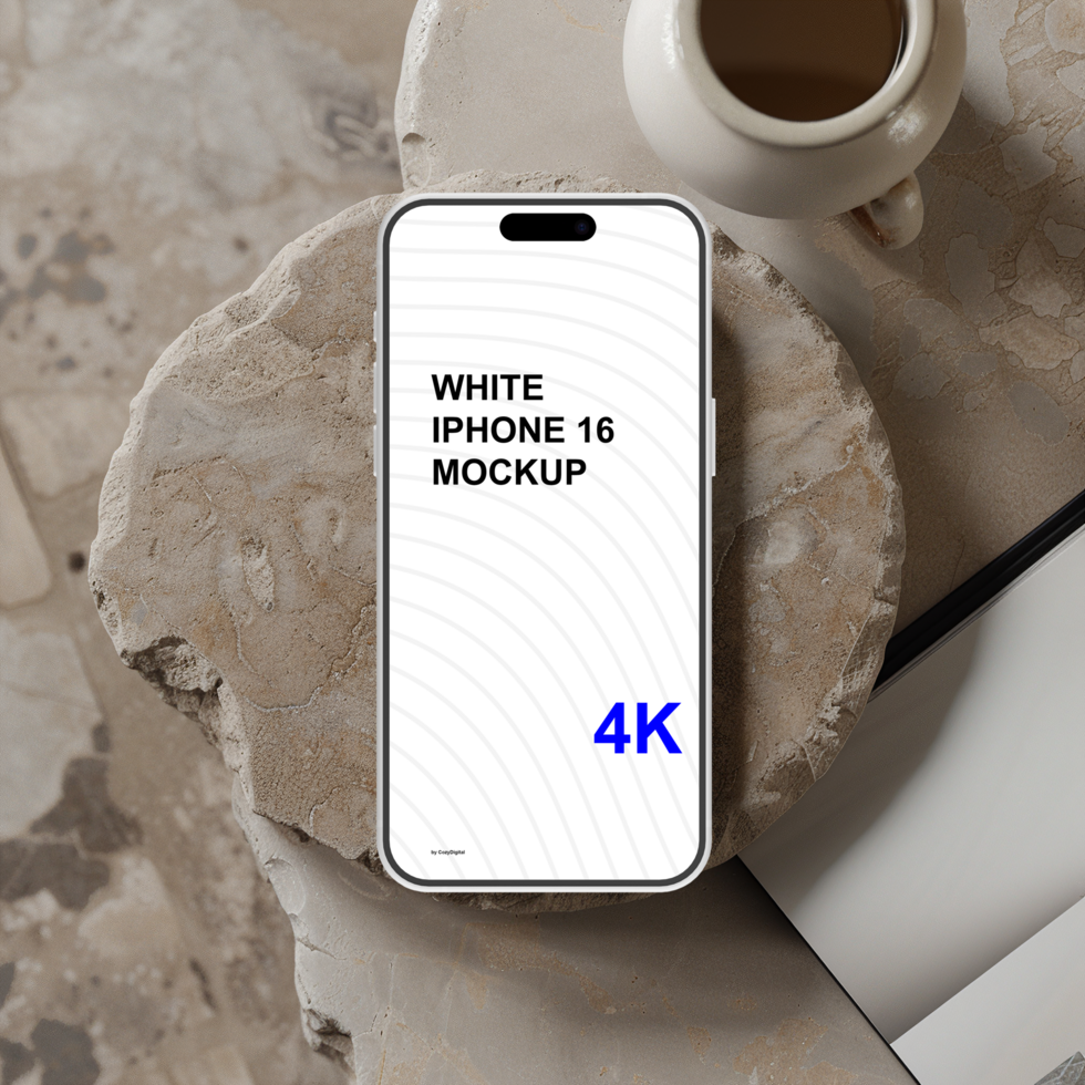 White smartphone mockup on marble table. Top view psd