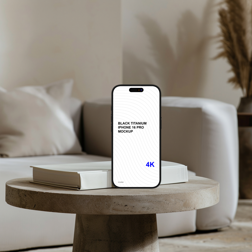 Black titanium smartphone mockup on marble table with book psd