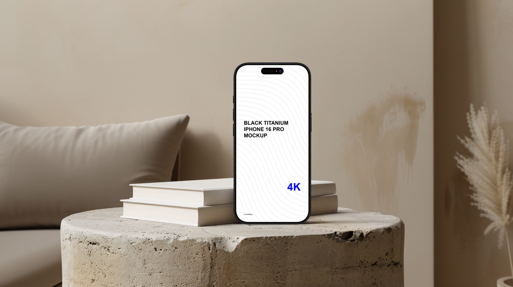 Black titanium smartphone mockup on marble table with white books psd