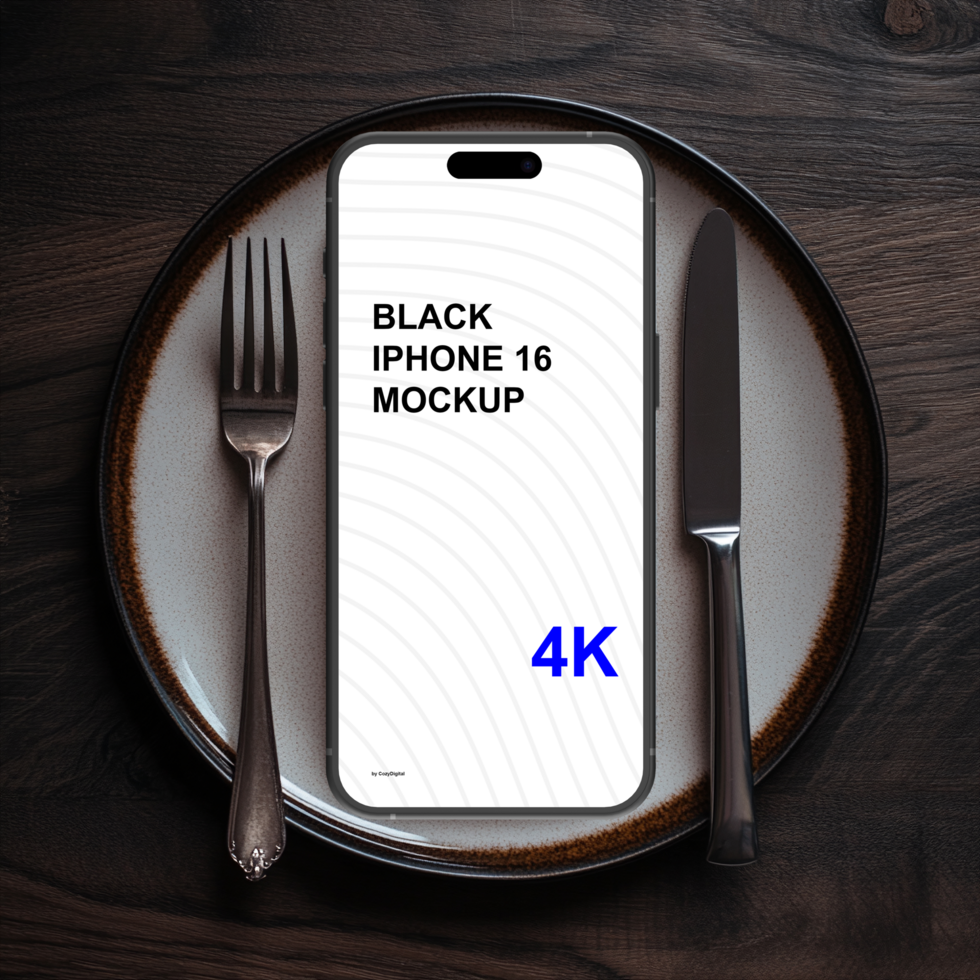 Black smartphone mockup on plate with fork and knife. Wooden table psd