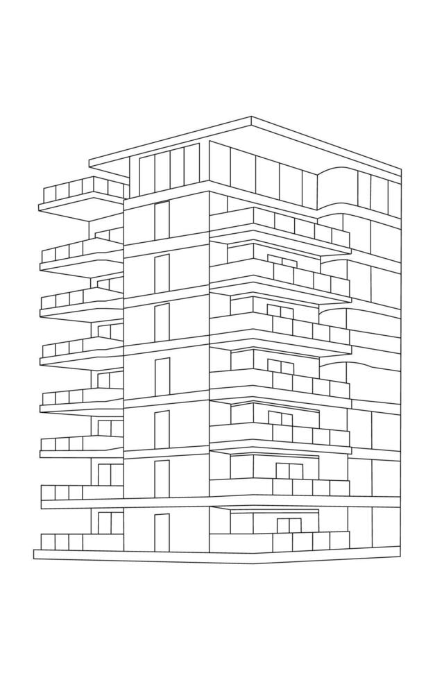 A simple, black and white icon depicting a Modern building in perspective. vector