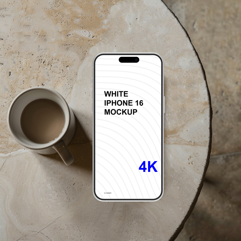 White smartphone mockup on marble table. View from above psd
