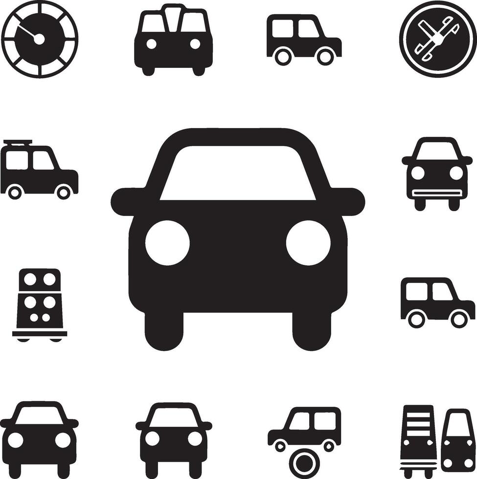 A set of simple flat style transportation icons, including a black car sign. vector