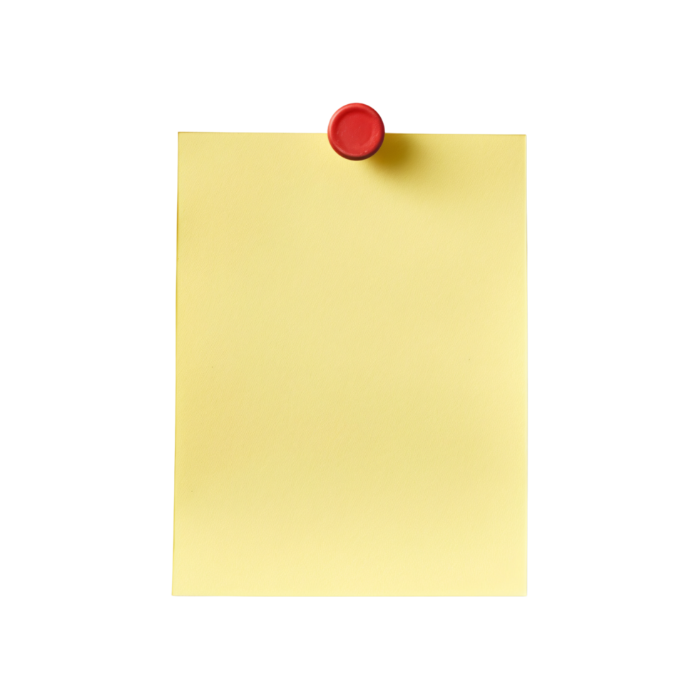 Yellow sticky note with red push pin isolated on transparent background png